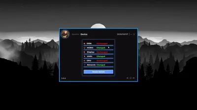 Dashboard table listing disk, motherboard, monitor, UUID, GPU and network IDs with changed or unchanged badges plus a check serials button.