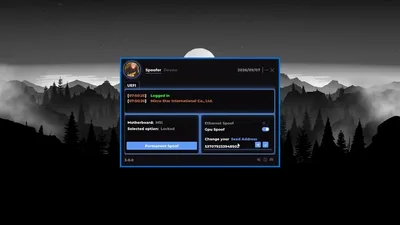 Firmware spoof tab with permanent mode switch, GPU and LAN toggles, and a numeric seed field on a dark operator layout.