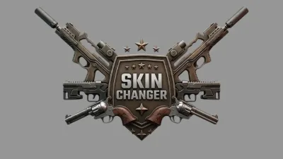 Skin Changer badge: steel shield label with crossed rifles, revolvers and star accents.